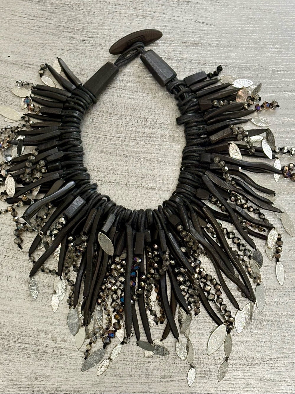 Monies Denmark Leather Wood Crystal Silver Tone Statement Collar Necklace - Picture 4 of 12